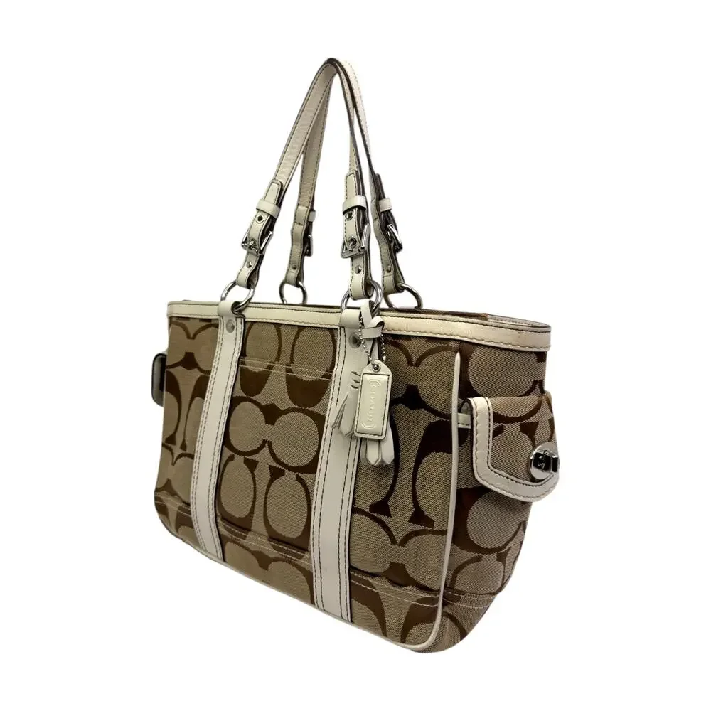 Vintage Coach Signature Brown Khaki Jacquard Canvas Gallery Satchel Tote Bag